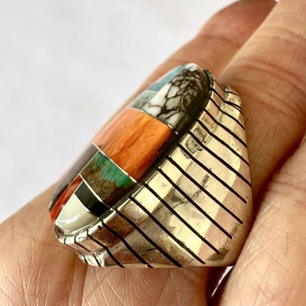 BIG Turquoise Multi Stone Inlay Mens Ring Sz 13 Navajo Sterling Signed Jack 34mm